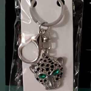 MINT Cheetah Silver Black Enamel Green & Clear Crystals Purse Charm Key Chain